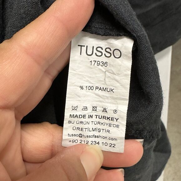 Tusso 100% Pamuk Shirt Button Down Rolled Tab LS Lagenlook Black Dress Size 3 - Picture 6 of 9